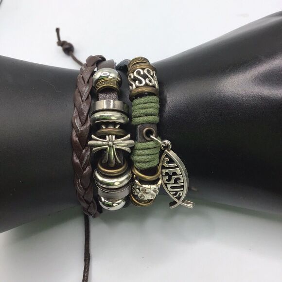 Jesus ICHTHUS Fish Charm Leather Adjustable Bracelet Set Boho Stack 6.5–7.5 in - Picture 15 of 15